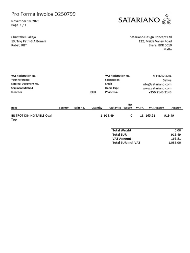 Pro Forma Invoice for BISTROT Table | PDF