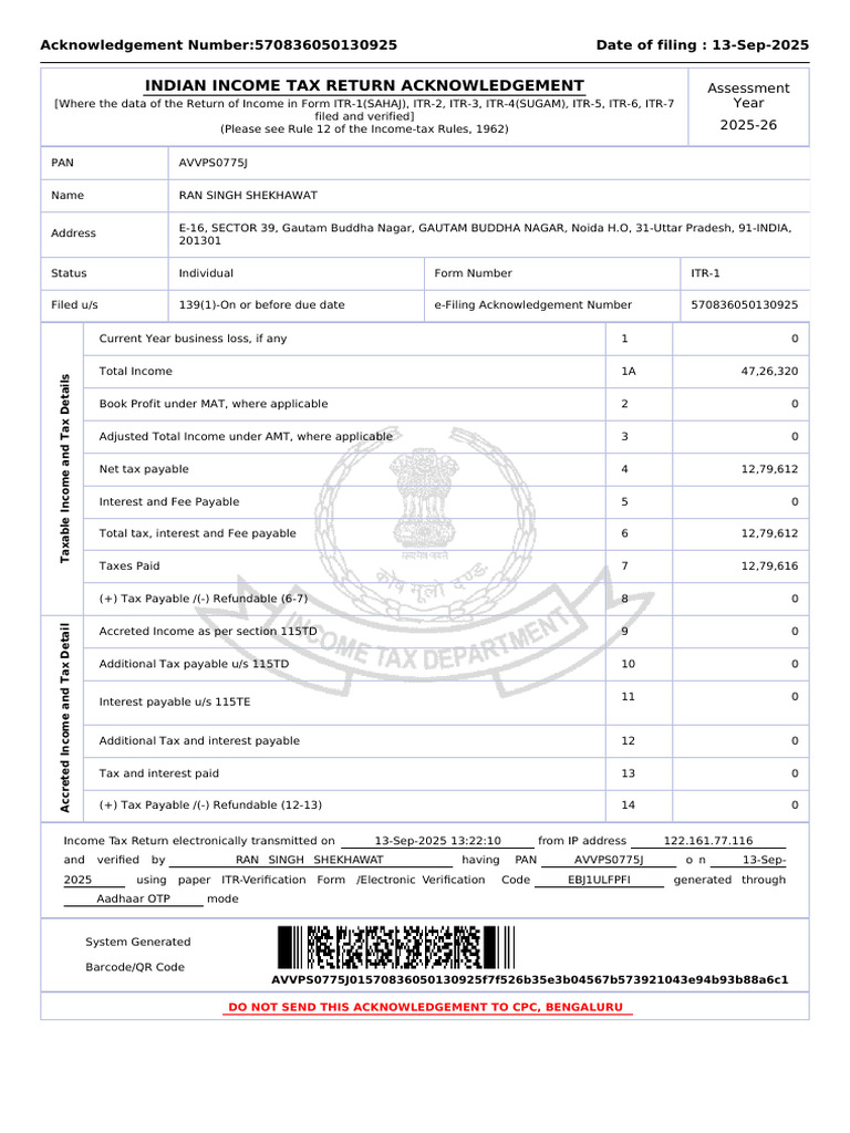 Doc. 9 Income Tax Return | PDF | Taxes | Money