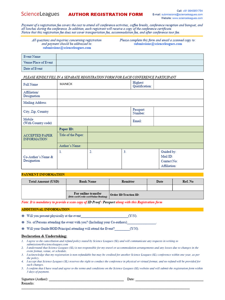 Conference Registration Form Details | PDF | Fee