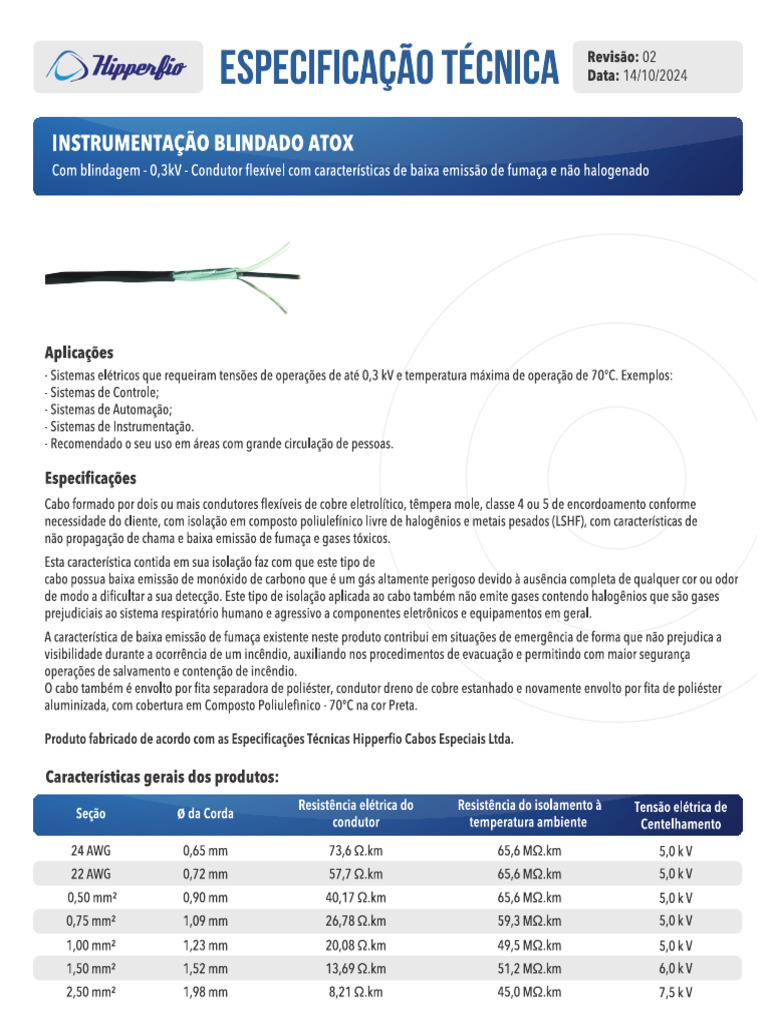 Cabo Blindado Instrumentação Atox (Hipperfio) - Datasheet | PDF