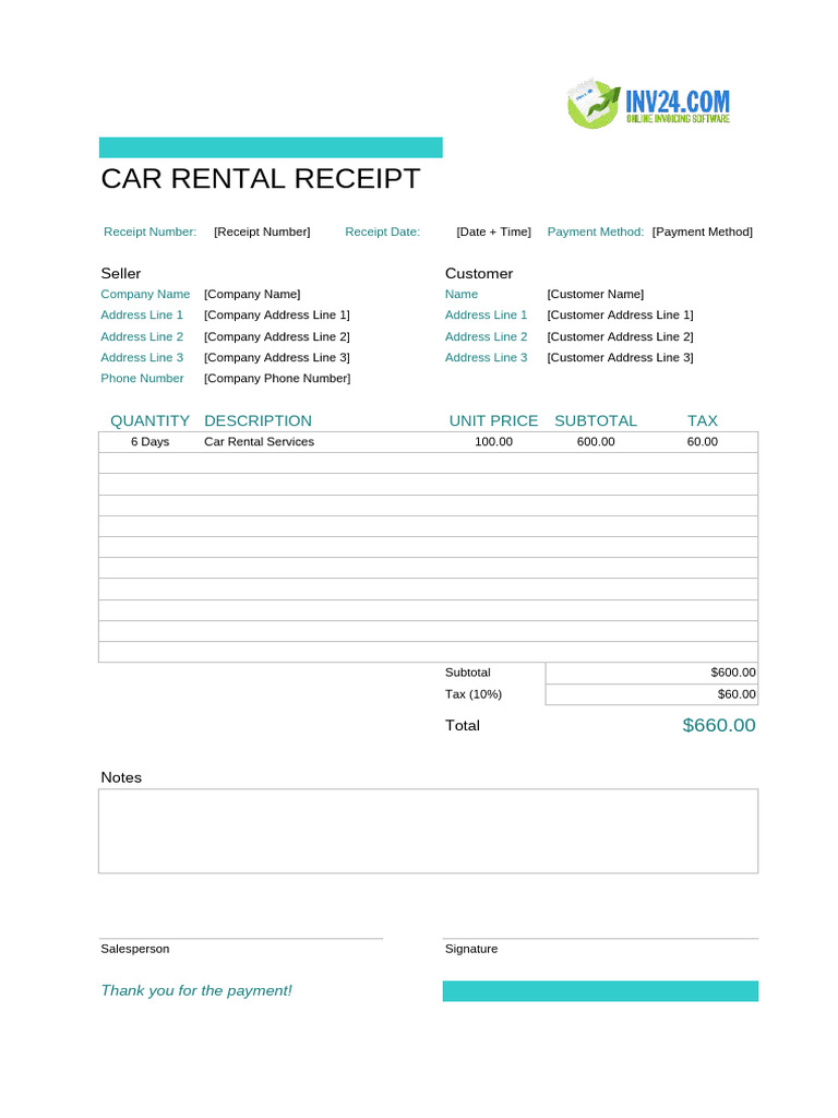 Car Rental Receipt Template | PDF