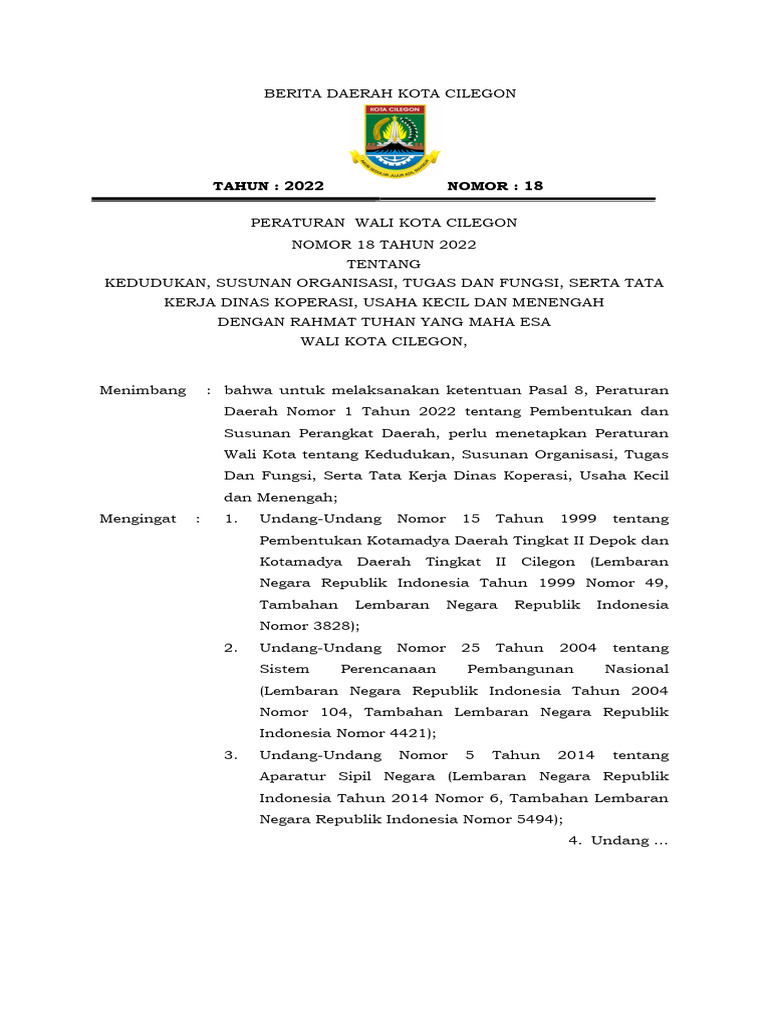 Peraturan Wali Kota Cilegon 2022 | PDF
