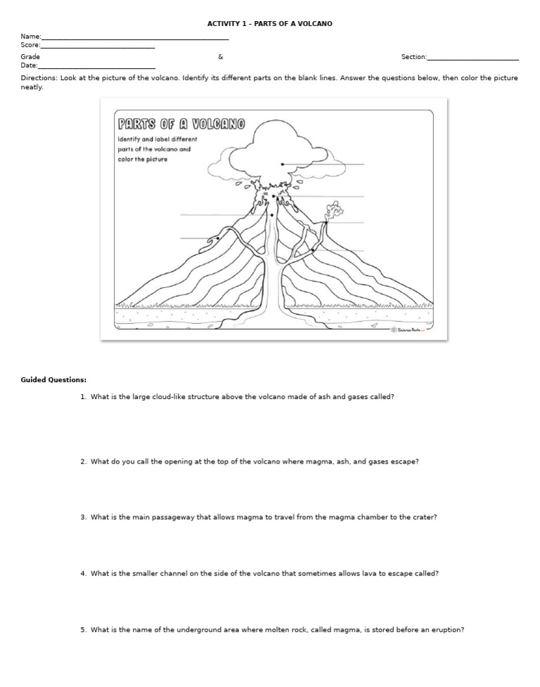 Volcano Parts Activity Worksheet | PDF