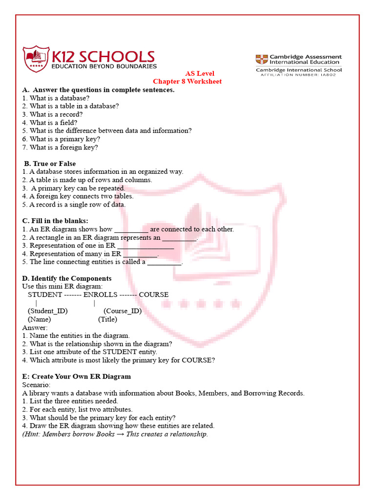 AS Level Database Concepts Worksheet | PDF