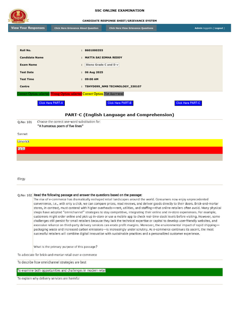 SSC Exam Candidate Response System | PDF