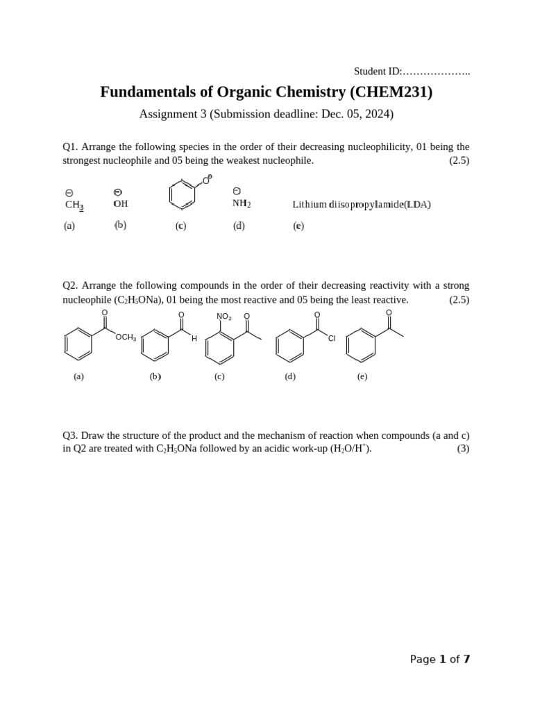 CHEM 231 Assignment 3 - 2025 | PDF | Chemical Reactions | Organic Compounds