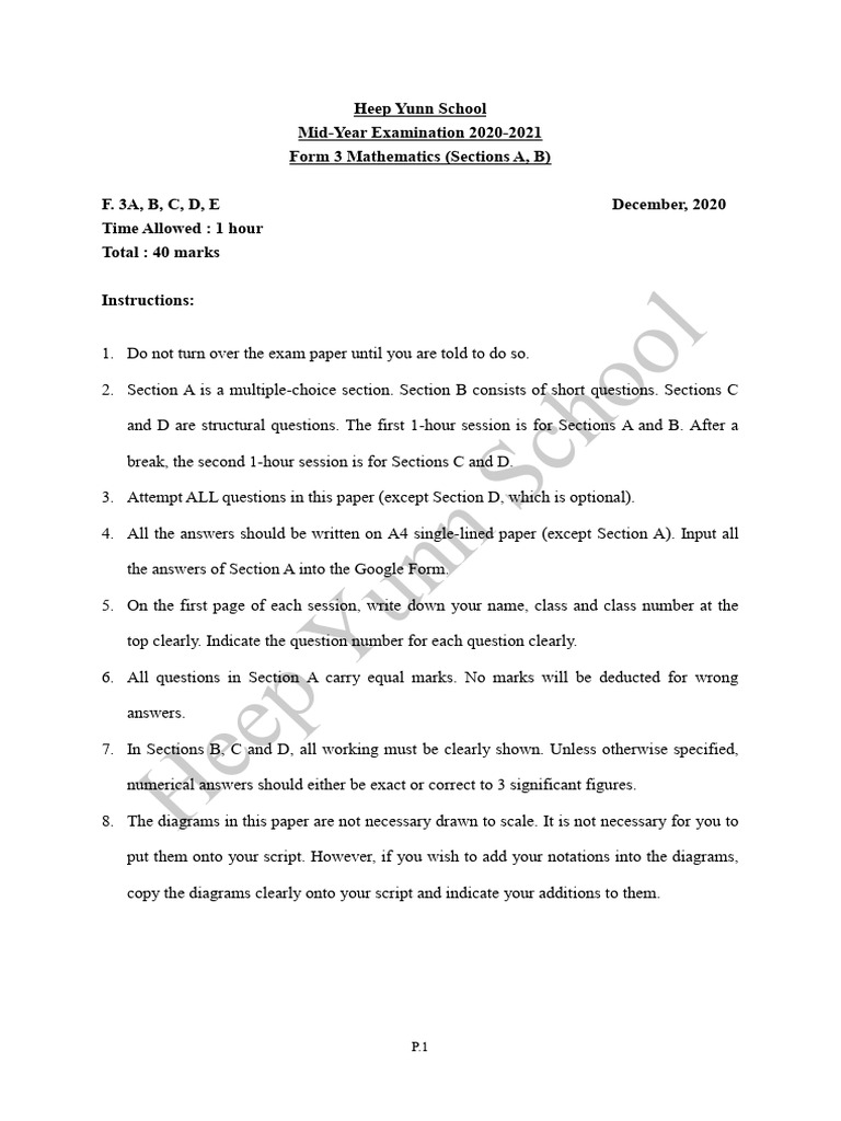 Form 3 Mathematics Mid-Year Exam 2020-21 | PDF | Multiple Choice ...