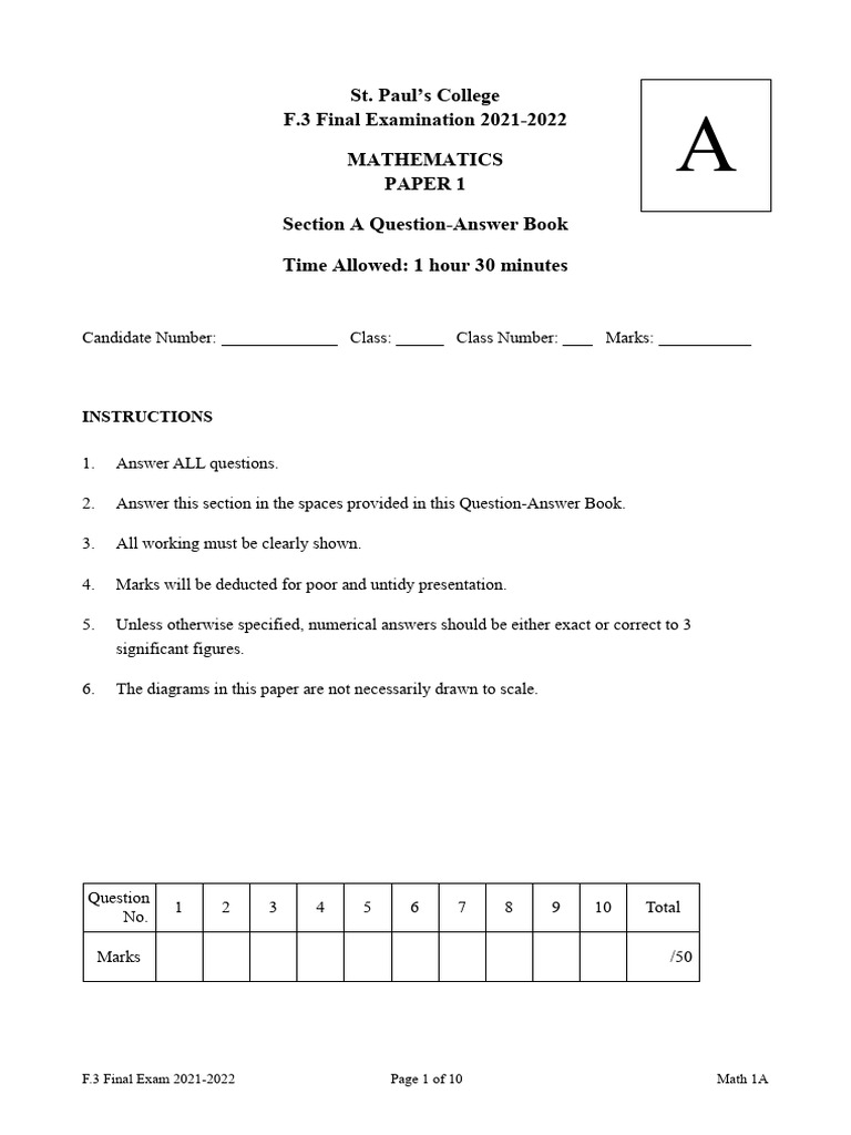 F.3 Mathematics Final Exam 2021-2022 | PDF | Area | Mode (Statistics)