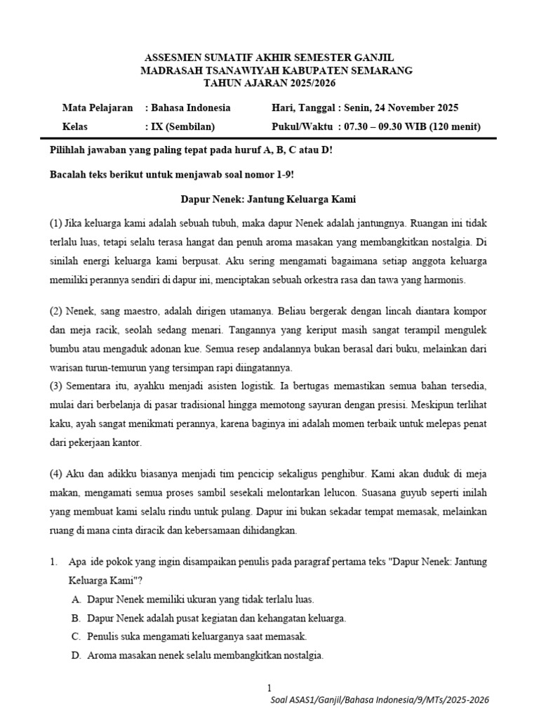 Soal Bahasa Indonesia Kelas IX MTs 2025-2026 | PDF