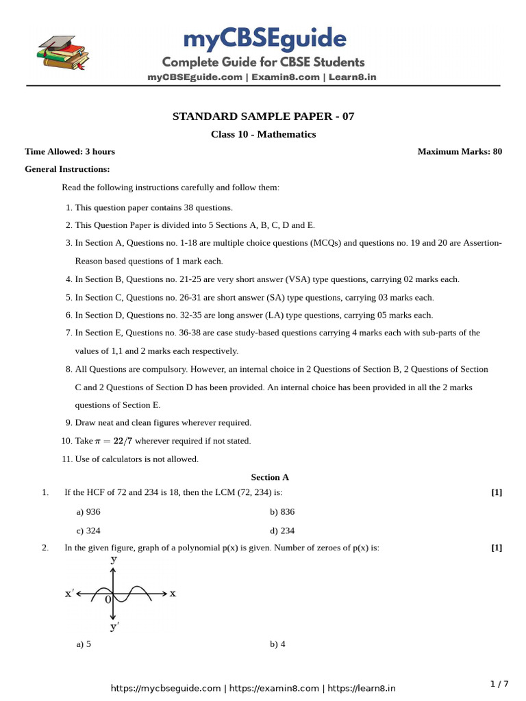 Class 10 Mathematics Sample Paper 07 | PDF | Circle | Area