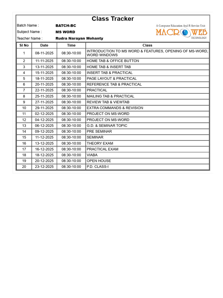 MS Word Class Schedule 2025 | PDF