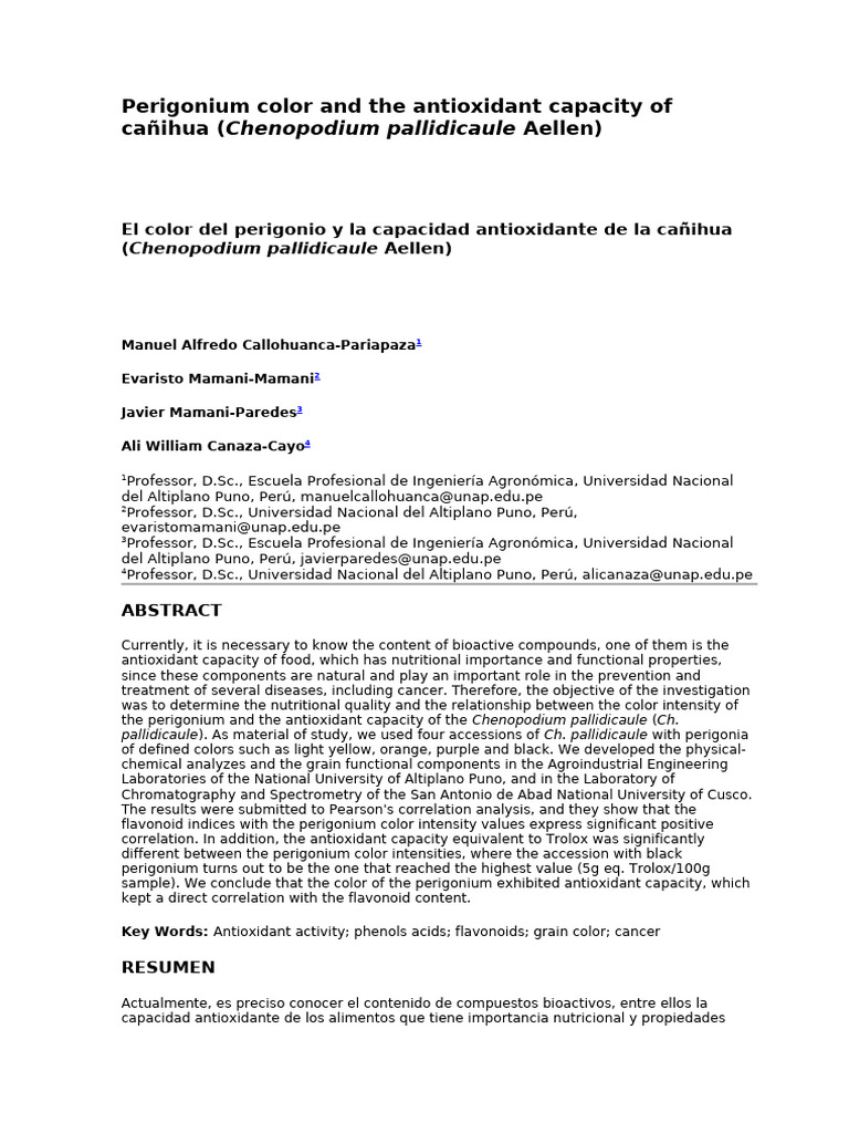 Perigonium Color and The Antioxidant Capacity of Cañihua | PDF ...