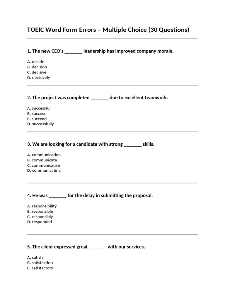 TOEIC Word Form Errors Quiz | PDF | Business
