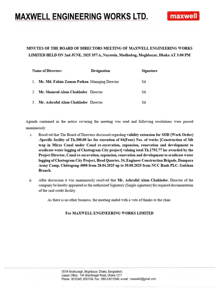 Board Meeting Minutes - Maxwell Engineering | PDF