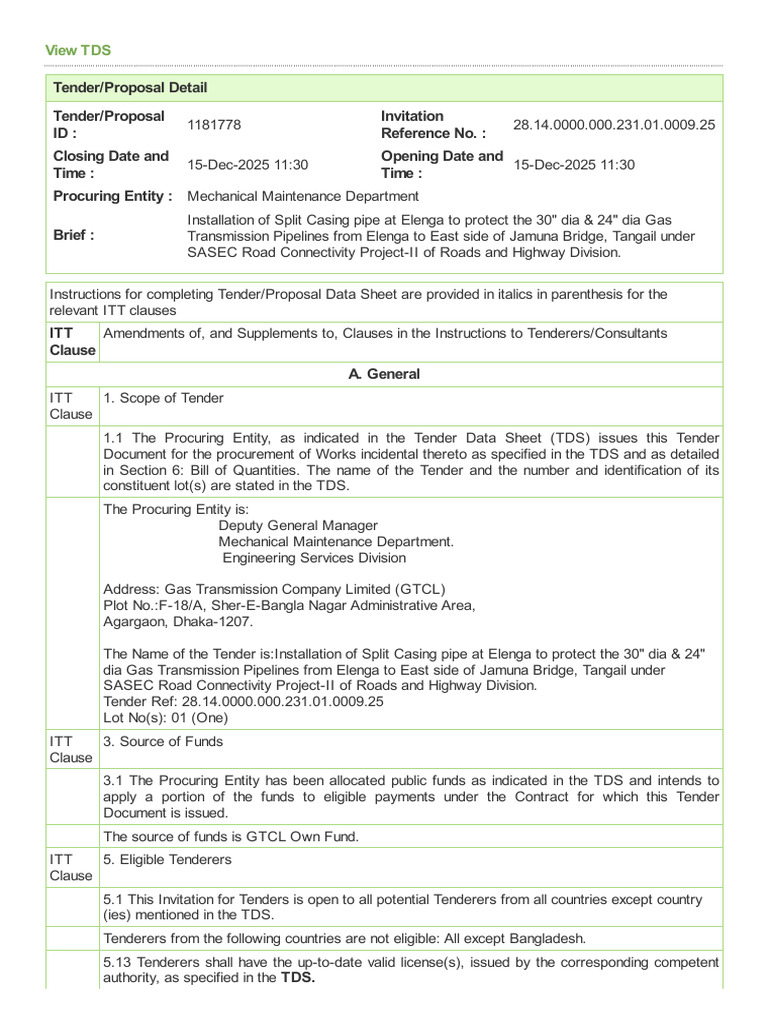Tender for Gas Pipeline Protection Project | PDF | Joint Venture ...