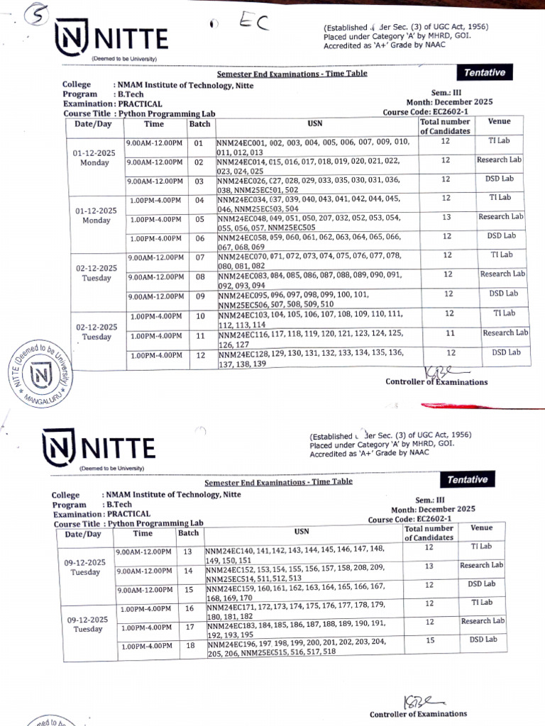 Python Lab Exam Schedule December 2025 | PDF