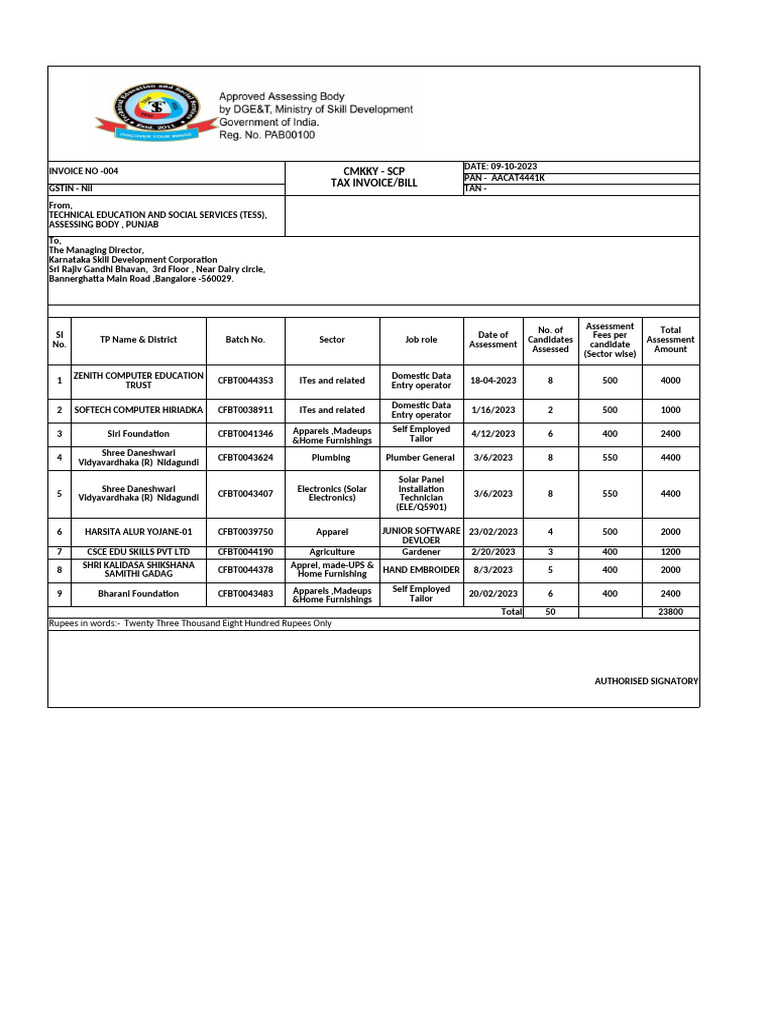 Invoices for Skill Assessment Services | PDF