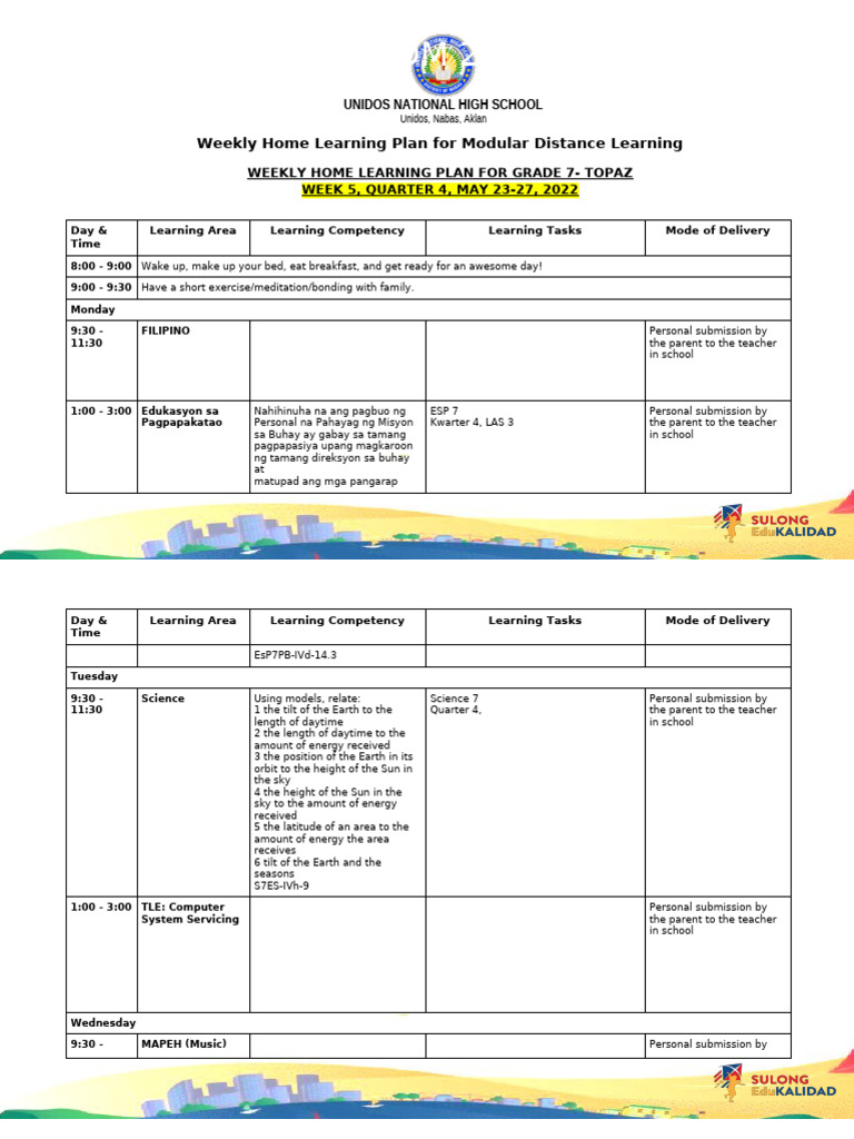 Grade 7 Weekly Learning Plan - Week 5 | PDF | Solar System | Physical ...