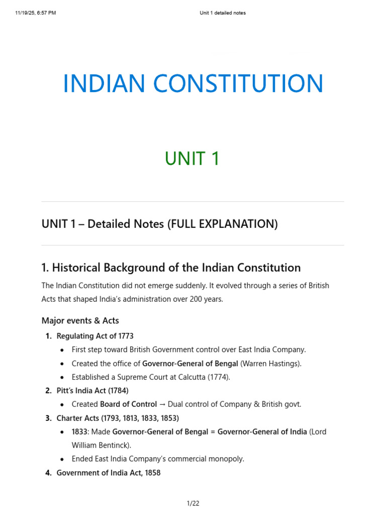 Unit 1 Indian Constitution Exam Notes | PDF | Government Of India ...