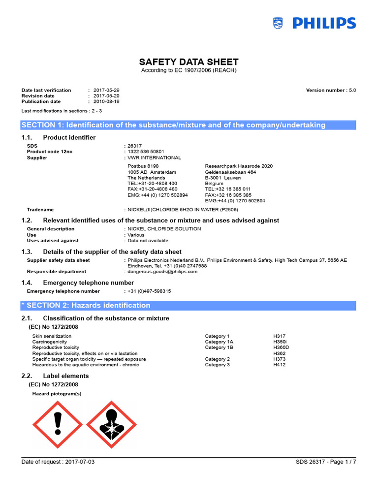 Nickel Chloride Safety Data Sheet | PDF | Occupational Safety And ...