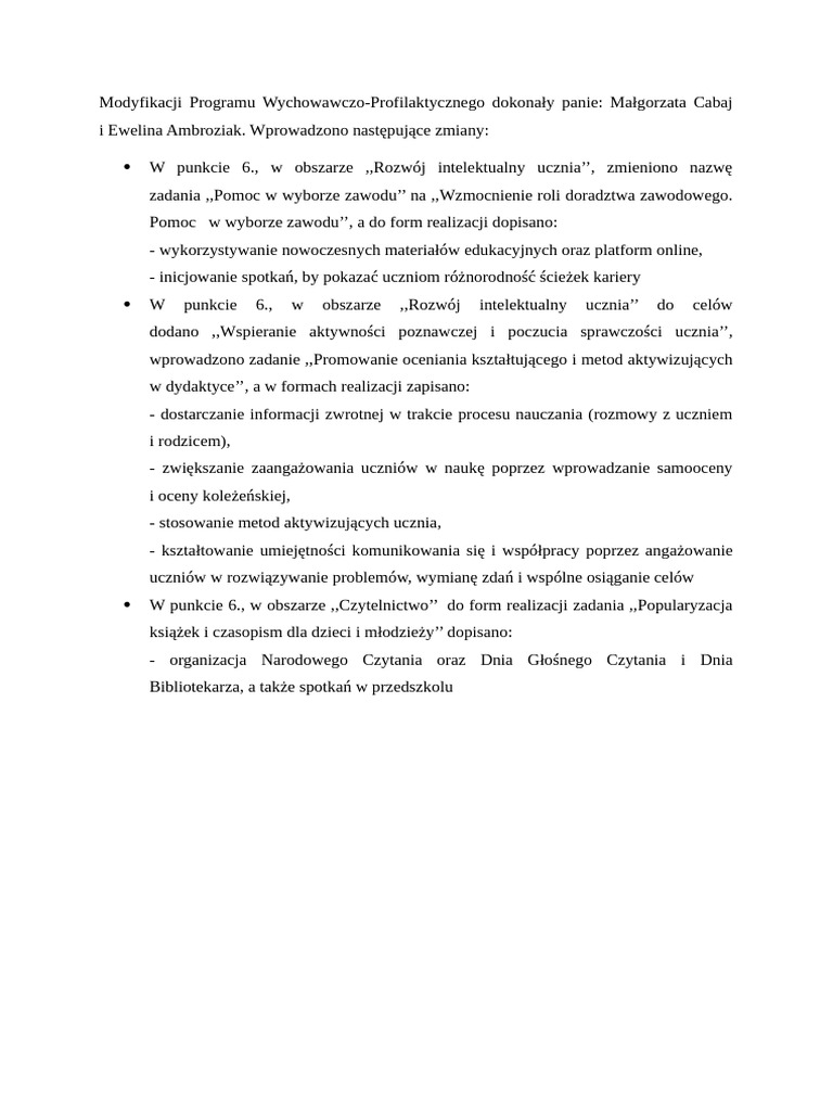 Zmiany Do Programu 2025-2026 | PDF