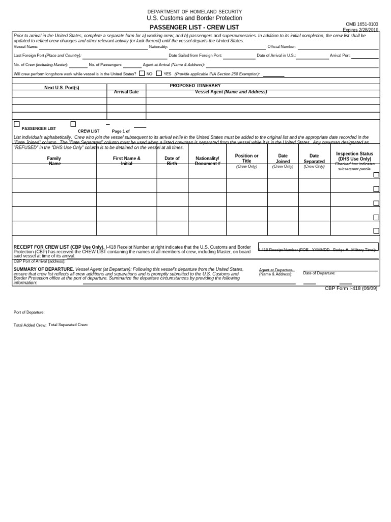 CBP Form I-418: Passenger & Crew Lists | PDF | U.S. Customs And Border ...