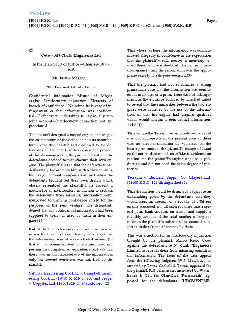 Coco v AN Clark: Breach of Confidence Case | PDF | Equity (Law ...