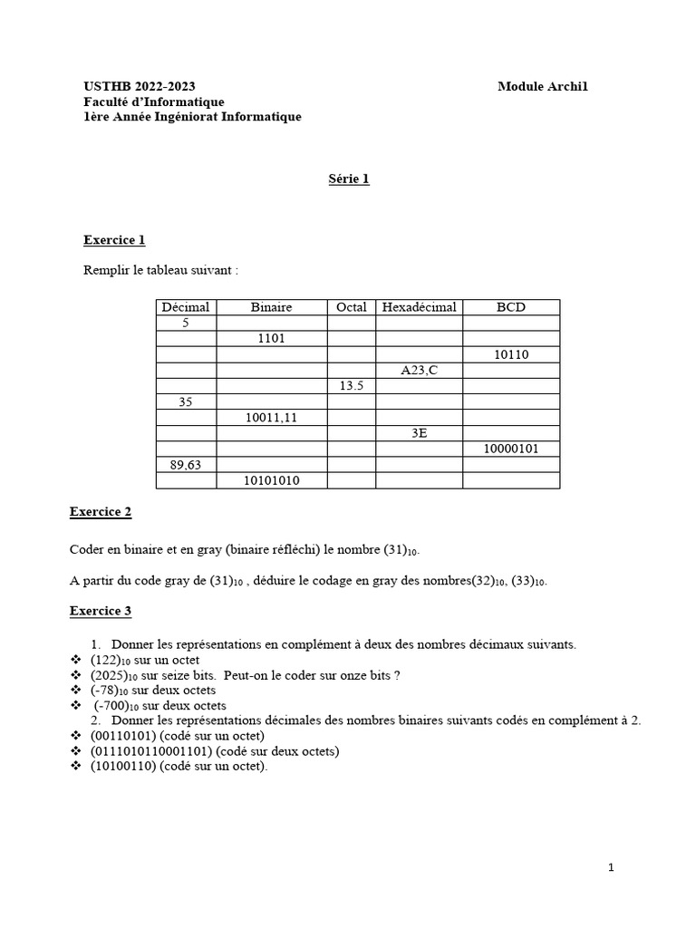 Exercices de codage numérique et conversions | PDF | Décimal codé ...