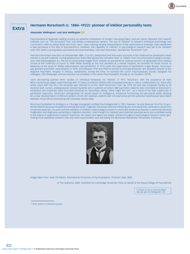 Hermann Rorschach C 1884 1922 Pioneer of Inkblot Personality Tests ...