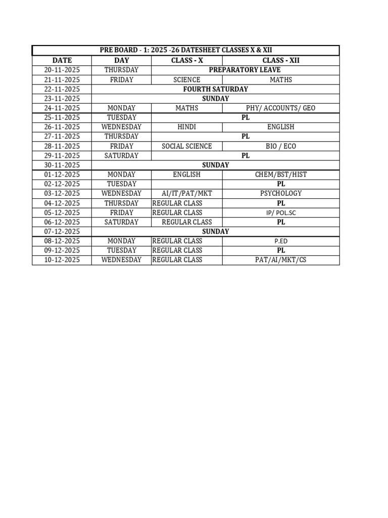 Pre Board Exam Datesheet 2025-26 | PDF