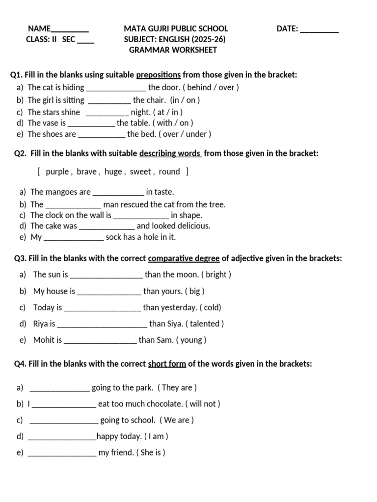 English Grammar Worksheet for Class II | PDF