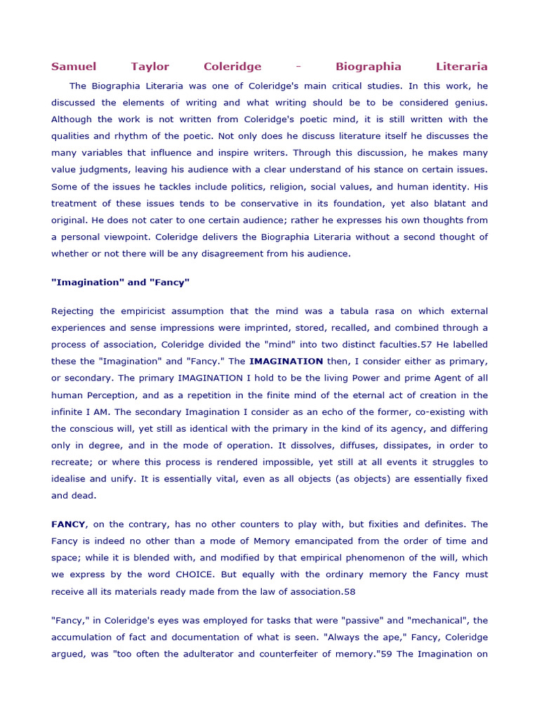 Coleridge's Imagination vs. Fancy Explained | PDF | Imagination ...