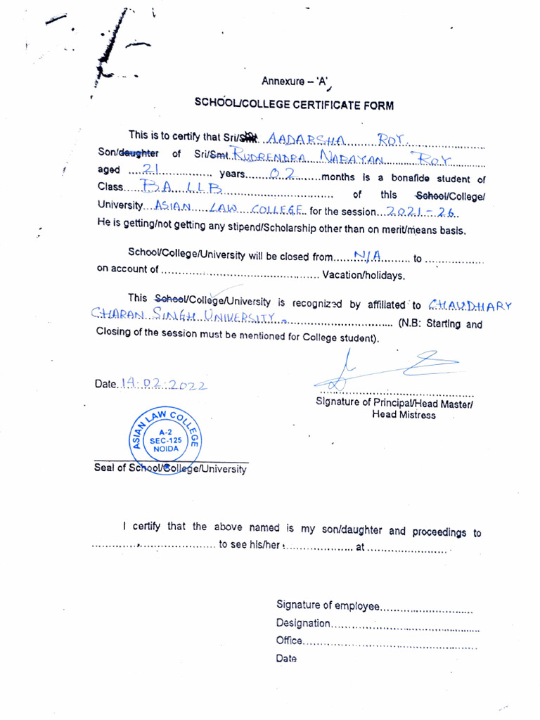 School/College Certificate Form Template | PDF