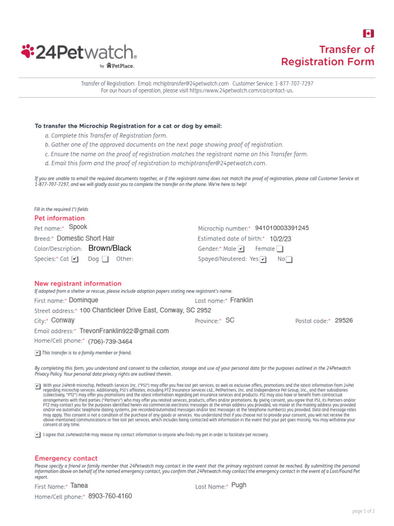 Microchip Registration Transfer Form | PDF