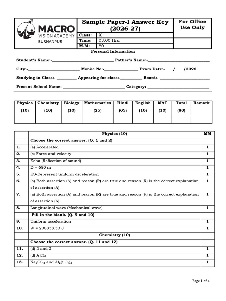 Burhanpur Class X Sample Paper Answer Key | PDF | Cell (Biology ...