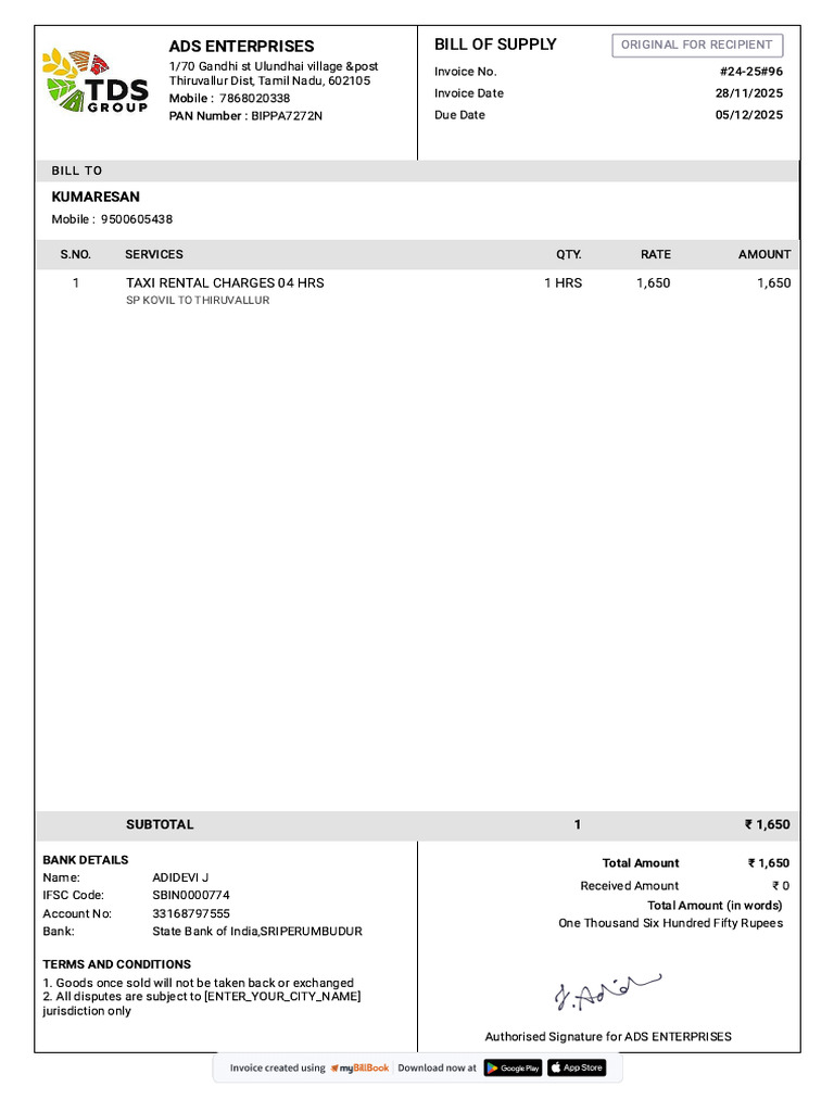 Invoice for Taxi Rental Services | PDF