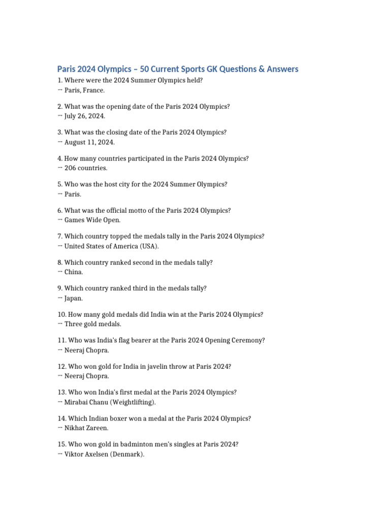 Paris 2024 Olympics: 50 GK Questions | PDF | Summer Olympic Games ...