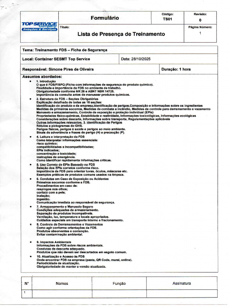 Treinamento FDS - Ficha de Segurança | PDF