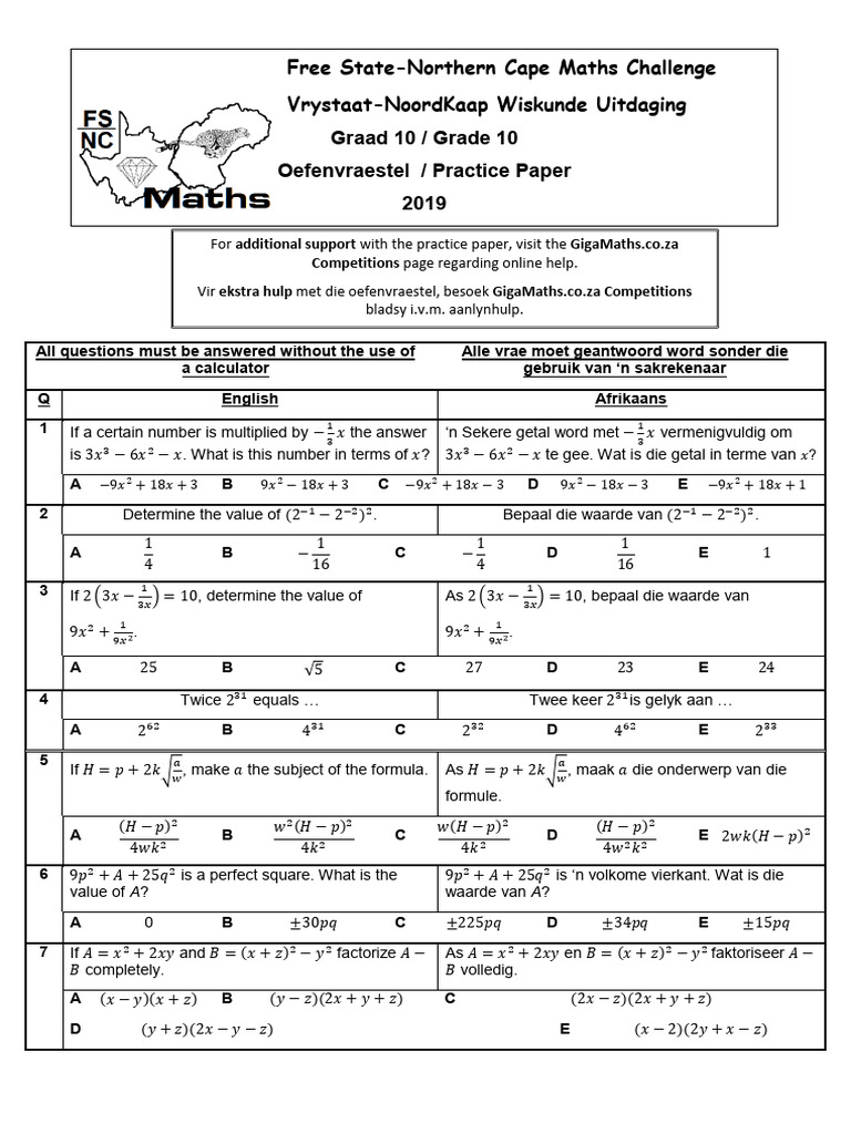 Gr 10 Practice Paper 2019 | PDF | Mathematics