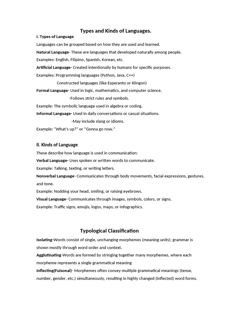 Types and Kinds of Languages | PDF | Word | Grammar