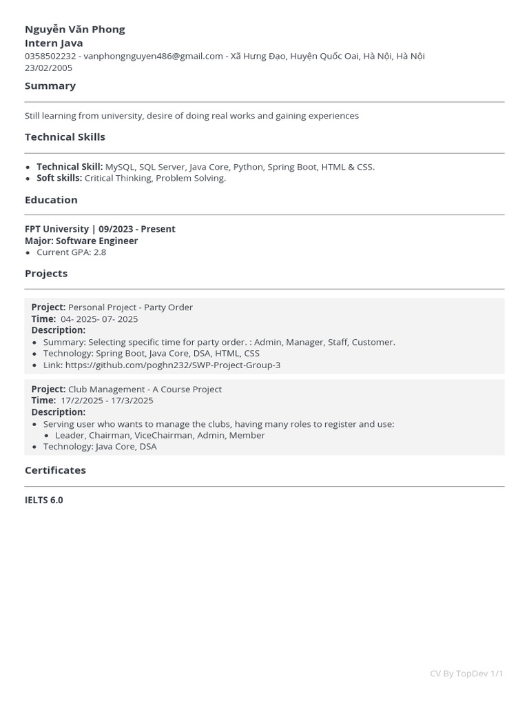 Java Intern Resume of Nguyễn Văn Phong | PDF