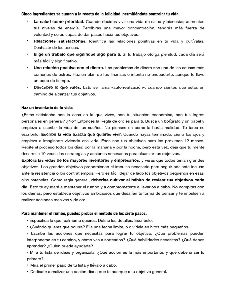 Ingredientes para una vida plena y feliz | PDF | Pensamiento | Las ...