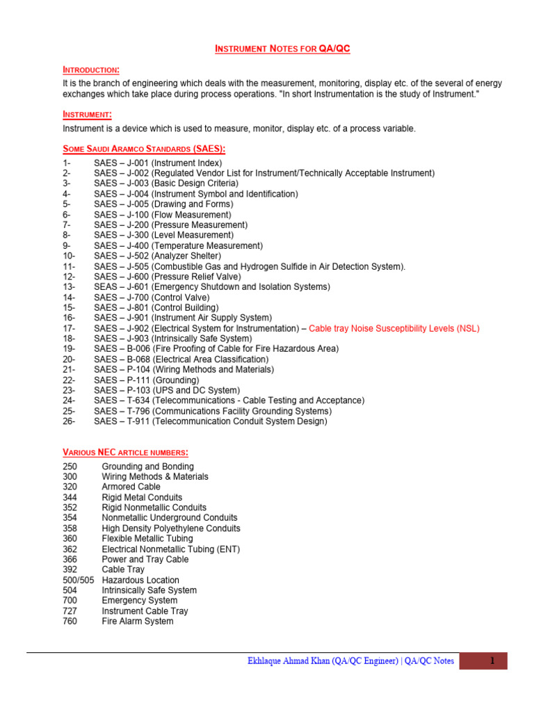 Instrument Notes For Qaqc | PDF | Pipe (Fluid Conveyance)