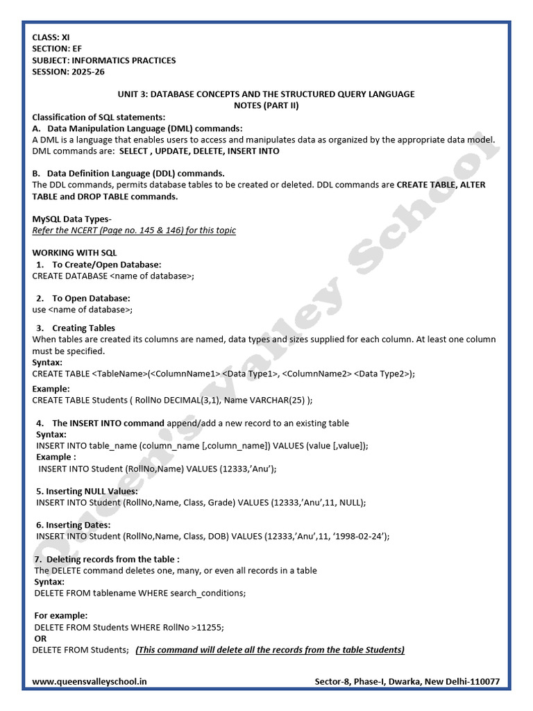 SQL Database Concepts and Commands Guide | PDF | Sql | Programming ...