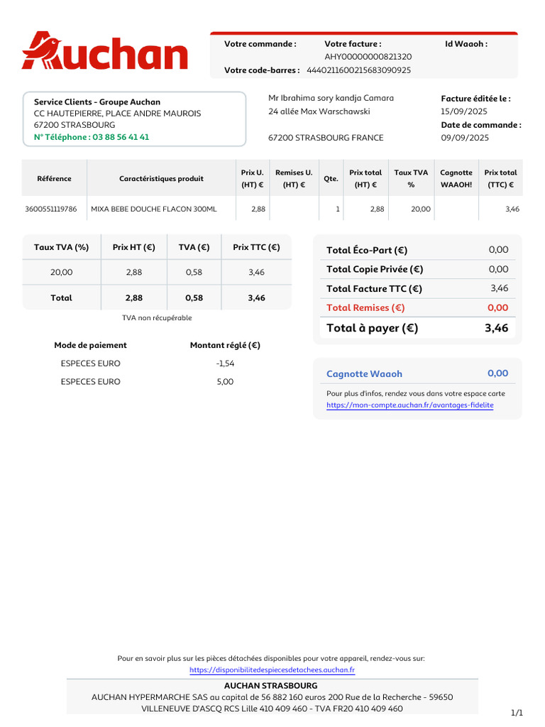 Facture de commande Auchan Strasbourg | PDF | Taxe sur la valeur ...