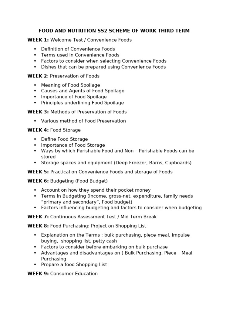 Food and Nutrition SS2 Third Term Plan | PDF
