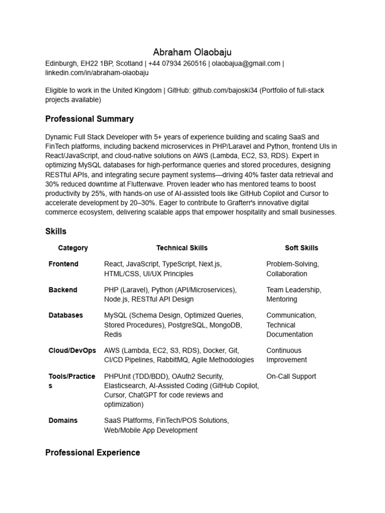 Full Stack Developer Resume - SaaS & FinTech | PDF | My Sql | Amazon ...