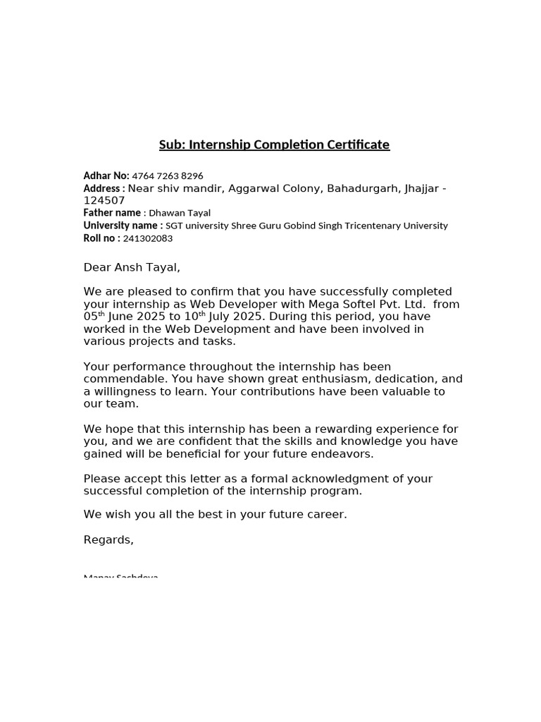 Internship Completion Certificate - Web Developer | PDF