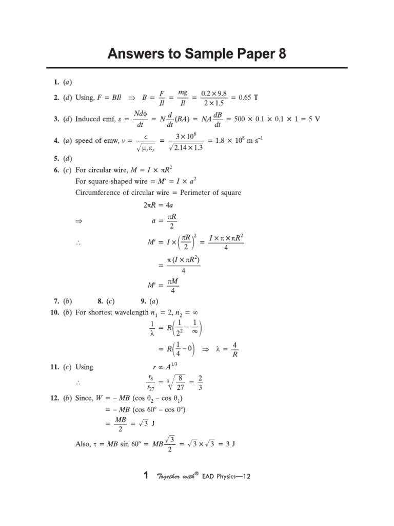 Cbse Cl12 Ead Physics 2026 Edition Ans To SP 8 | PDF