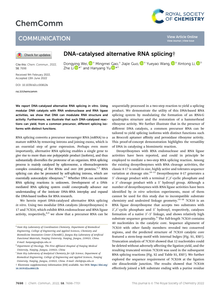 2022 Chem Comm DNA-catalysed alternative RNA splicing | PDF | Rna ...